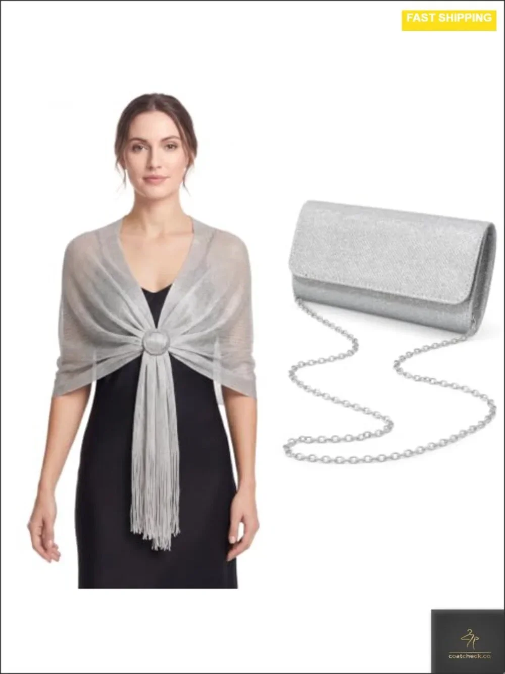 2 Pcs Sparkle Wrap & Evening Bag Set, Silver Shawl & Clutch Purse Prom